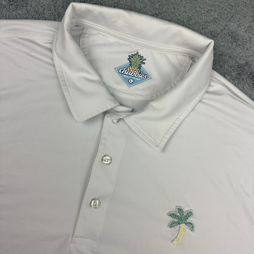 Chubbies Performance Polo Shirt Mens Large White Palm Tree Bamboo‎ Stretch L